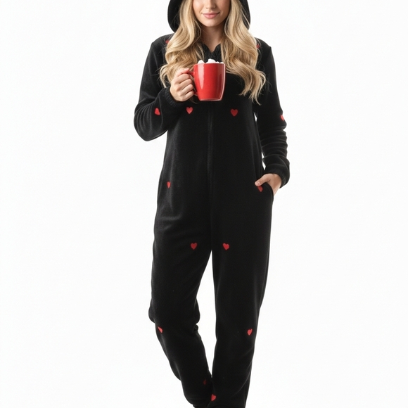 PINK Victoria's Secret Pants - PINK Victoria's Secret Black Jumpsuit with Red Heart Accents